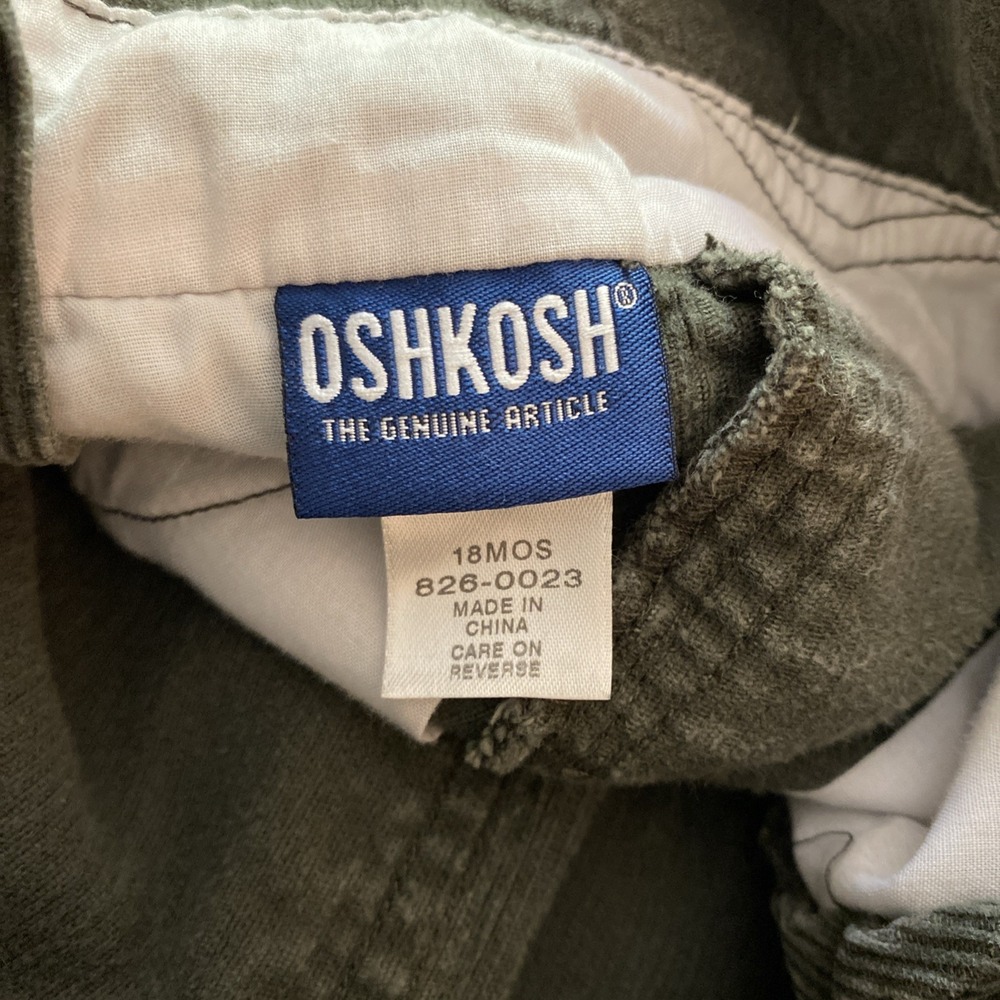 VINTAGE OSHKOSH TODDLER OLIVE GREEN CORDUROY OVERALLS BIB POCKET SIZE 18 MTHS - Picture 16 of 16